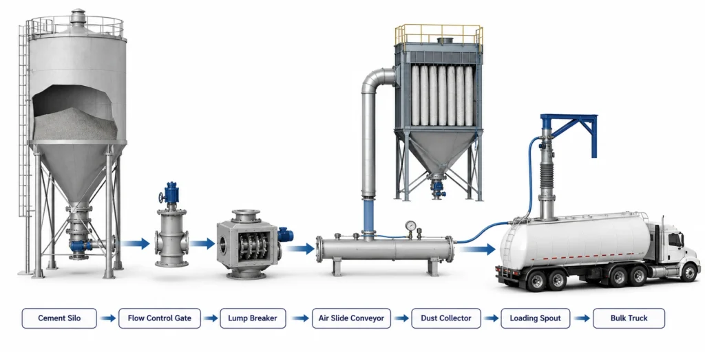Cement Bulk Conveying System Components Bulk conveying systems in cement industry with silo discharge, flow control gate, lump breaker, air slide conveyor, dust collector and loading spout