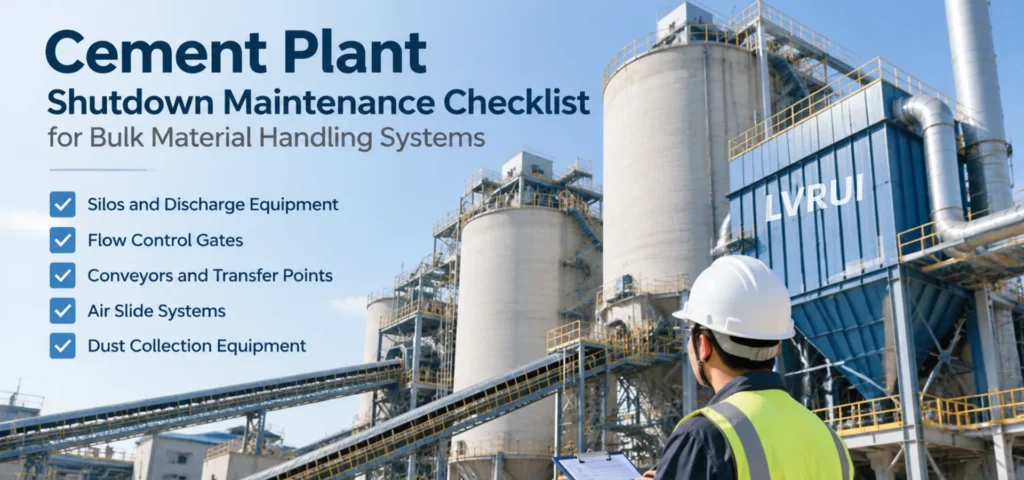 Cement Plant Shutdown Maintenance Checklist Cement plant shutdown maintenance checklist showing silos, conveyors, flow control gates, air slide systems, and dust collection equipment.