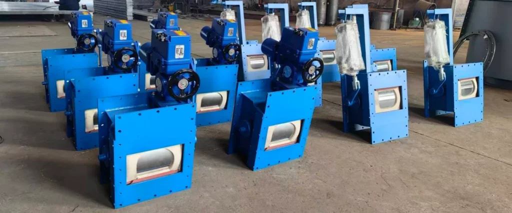 Flow control gate for cement silo discharge and dry bulk powder handling