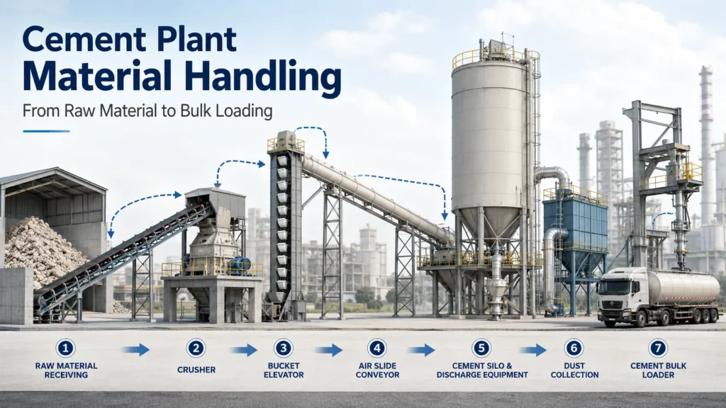 Cement plant material handling flow from raw material receiving to cement silo discharge, dust collection, and bulk loading