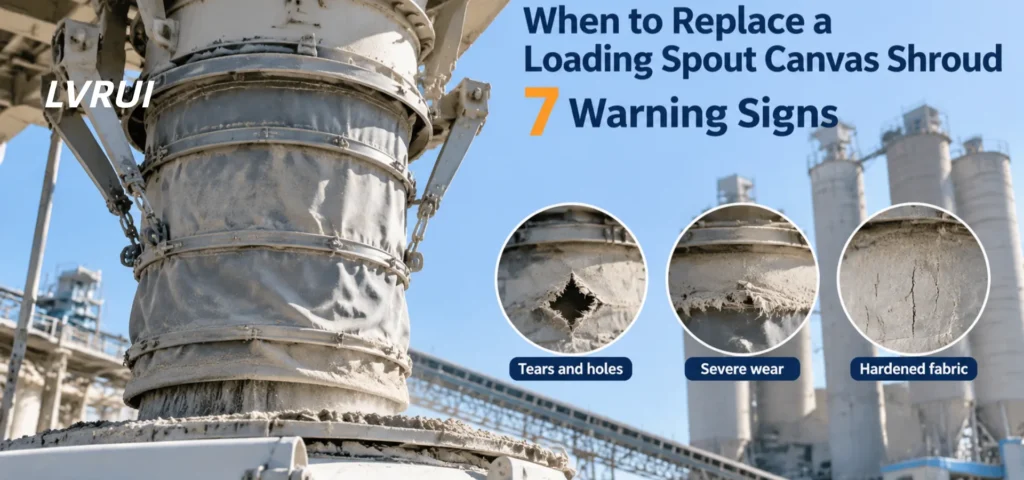 Loading spout canvas shroud replacement guide showing worn fabric, tears, abrasion, and hardened material at a cement plant