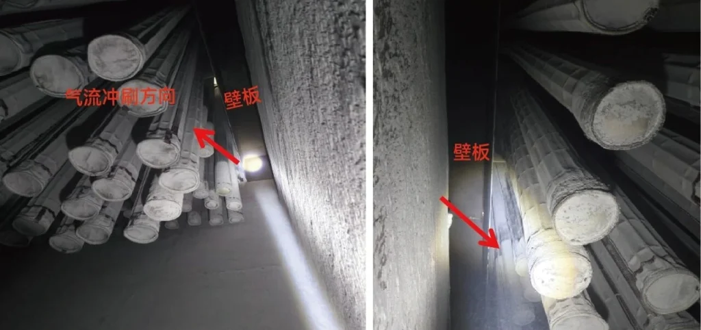 cement filter bag cage abrasion with vertical wear lines
