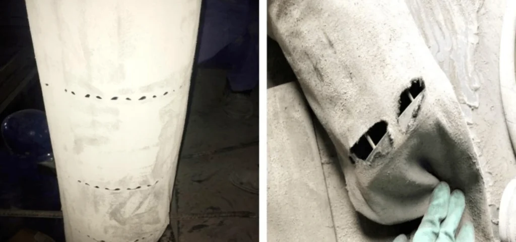 cement filter bag damage patterns including holes burns and hardened fabric