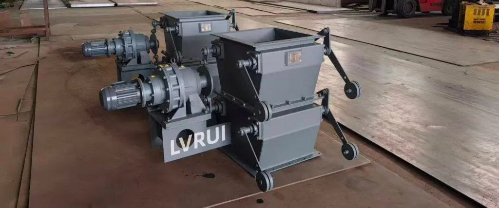 Motorized electric flap valve for bulk powder and cement handling, showing industrial-grade LVRUI equipment.