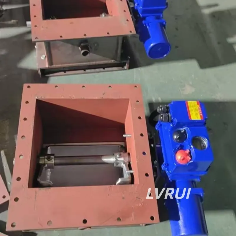 LVRUI heavy-duty Motorized Flow Control Gate Valve with electric actuator for precise material flow control in cement and mining systems.