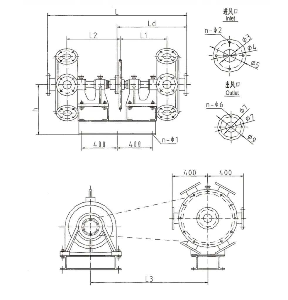 Industrial silo bottom air distributor with multiple outlet flanges