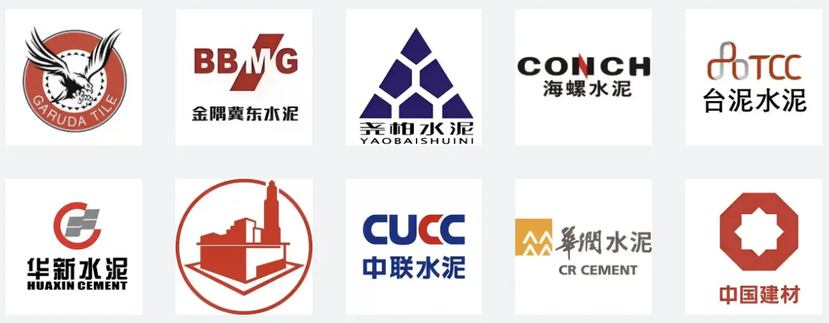 Logos of LVRUI's cement and bulk material handling clients including Garuda Tile, BBMG, Yaobai Cement, Conch, TCC, Huaxin Cement, China United Cement, CR Cement, and China National Building Material Group